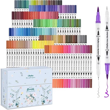 Ohuhu 160 Colors Brush &Fineliner Color Pens, Water Based,White pen holder, 160 Colors
