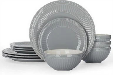 Richmount-12tlg Vintage geprägtes Geschirrset - Creme Blau (für 4 Personen)