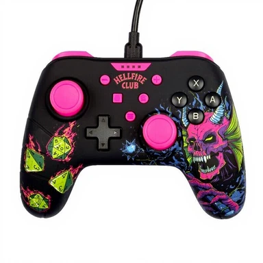Konix Stranger Things Manette filaire pour Switch, Switch 2 et PC - Fonction vibration - Câble 3m - Noir et rose