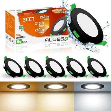 ALUSSO LED Inbouwspotjes, 230 V, 4 W, Plat, Dimbaar, 68 mm, Warm Wit 3.000 K, Neutraal Wit 4.000 K, Koel Wit 6.500 K, Zwart, IP44, Inbouwspotjes voor Badkamer, Set van 6