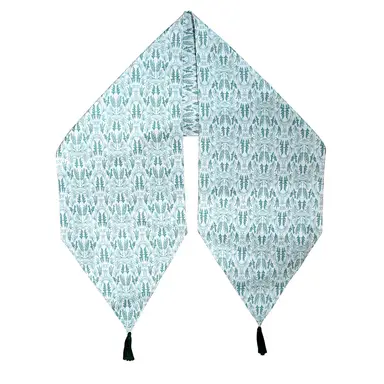 Green Floral Printed Table Runner with Tassels | Decorative Oblong Design