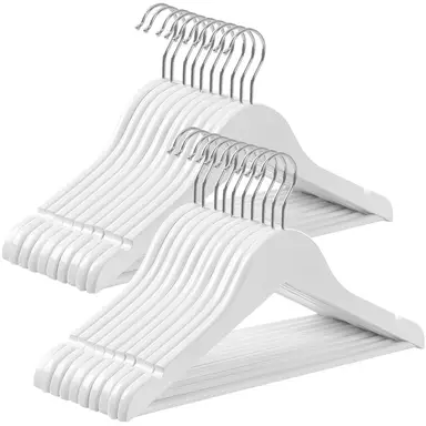 Wooden Hanger, 35x20x1.2cm, White and Silver, Set of 20