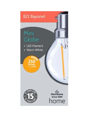 Morrisons Light Bulb LED Mini Globe Filament Bayonet B22 Warm White 250 Lumens 2 Watts