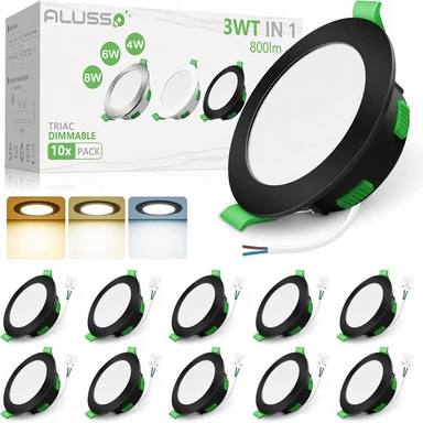 ALUSSO LED Inbouwspot, 230 V, Dimbaar, Plat Zwart LED Spotlights, 68 mm, 3W, 4W, 6W, 8W, 3Kleurtemperatuur, 3000K, Warm Wit, 4000K, Neutraal Wit, 6500K, Koel Wit, IP44 Inbouwverlichting voor Badkamer.