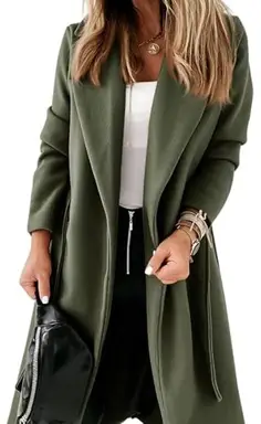 Women's Classic Coat Lapel Collar Open Front Belted Long Jacket (militarygreen, M)
