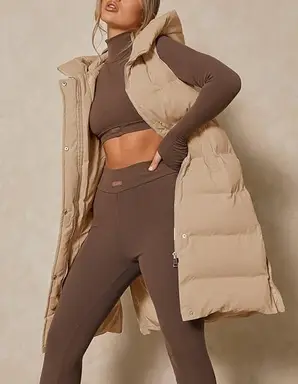 Women's Down Vest with Stand Collar Thick Hooded Sleeveless Long Coats Jacket (Khaki, M)