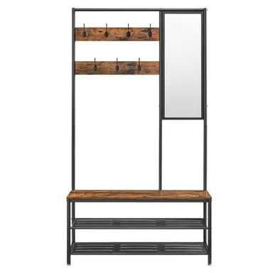 VASAGLE Hallway Coat Rack Bench Mirror 2 Shoe Shelves Rustic Brown/Black