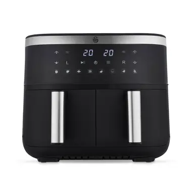 SWAN SD10518BLK Dual Basket Digital Air Fryer with Swan Cyclone Technology, 8 Pre-Set Cooking Options, Adjustable Temperature, 7.6L, 2850W, Black