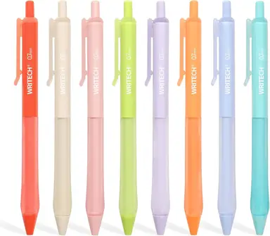 WRITECH Retractable Gel Ink Pens: Fine Point 0.7mm Assorted Color Soft Grip 8ct No Bleed & Smear Extra Smooth Writing Bullet Tip Colored Pen Set for Journaling Coloring
