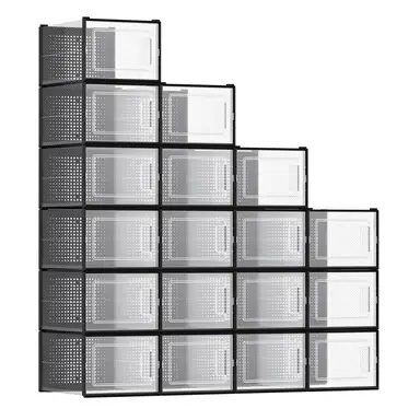 Plastic Shoe Box, Pack of 18, 35.0 x 25.2 x 19.0cm, Transparent and Black
