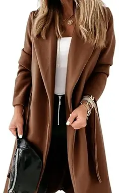 Women's Classic Coat Lapel Collar Open Front Belted Long Jacket (brown, M)