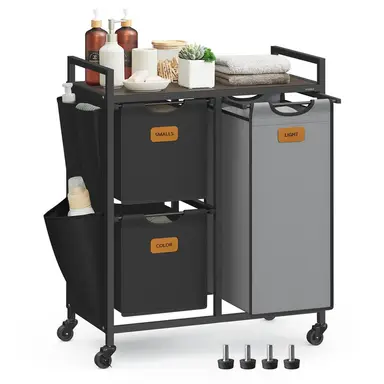 VASAGLE Laundry Basket, with 3 Compartments,  68.6x33x80.5cm, Ink Black and Dove Grey
