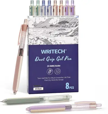 WRITECH Retractable Gel Ink Pens: 8ct Black Ink 0.5mm Extra Fine Point Tip Click Pen for Smooth Writing Journaling Drawing Note Taking Sketching No Bleed & Smear & Smudge Double Colors Duet-Grip