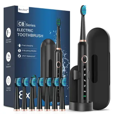 Coulax Hollow-Cup Sonic Electric Toothbrush - 40,000 VPM, 5 Modes, 120-Day Battery, 8 DuPont Brush Heads, Travel Case & Stand - Black