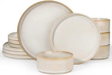 Richmount Starlight Serie Geschirrset - 12-teiliges Keramikset für 4 Personen - Enthält Essteller/Salatteller/Müslischalen - Spülmaschinen- und Mikrowellengeeignet - Cappuccino Weiß