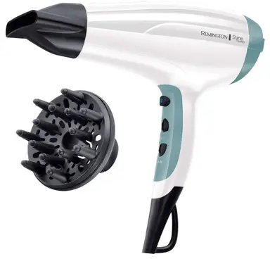 Remington Shine Therapy Hair Dryer – 2300W Power, Ionic Conditioning for Frizz-Free Shine, Diffuser and Concentrator, 3 Heat & 2 Speed Settings – White and Teal, D5216
