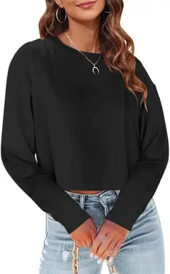 Woman Long Sleeve Cropped T Shirts Round Neck Casual Drop Shoulder Crop Tops Solid Sweater Tees (black, M)