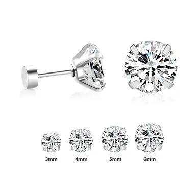 Surgical Steel Screw Back Stud Earrings, 4-Prong Round Clear Cubic Zirconia Piercing (3mm-6mm)