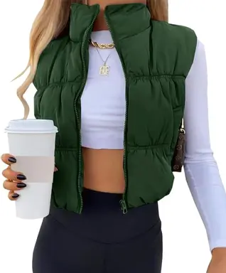 Women's Crop Puffer Vest Winter Zip Up Lightweight Sleeveless Warm Outerwear Padded Coat (darkgreen, M)