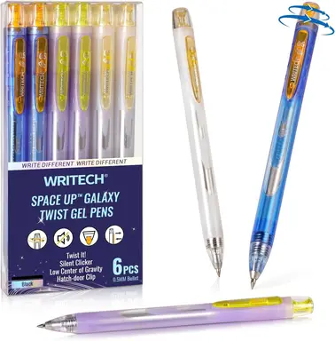 WRITECH Twist Gel Ink Pens: Fine Point 0.5mm Black ink 6ct Low Center of Gravity Rotatable Pen No Smear Silent Click Space Up Gel Galaxy