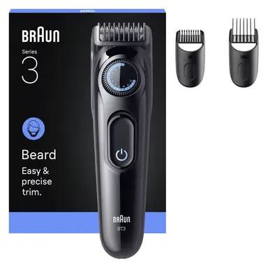 Braun Beard Trimmer Series 3, +3 Styling Tools, 40 Lengths, Sharp Blade, BT3520, Black