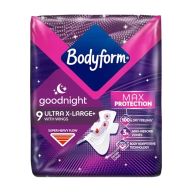 Bodyform Goodnight Bodyform Extra Large Ultra+ Towels With Wings New Max Cour-V Adaptive Technology 9 Pads