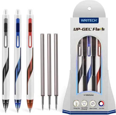 WRITECH Retractable Gel Ink Pens: Low Center of Gravity 0.7mm Medium Point Pen Multicolor with Refills No Smear Silent Click Black Blue Red 3ct Up-Gel Flash