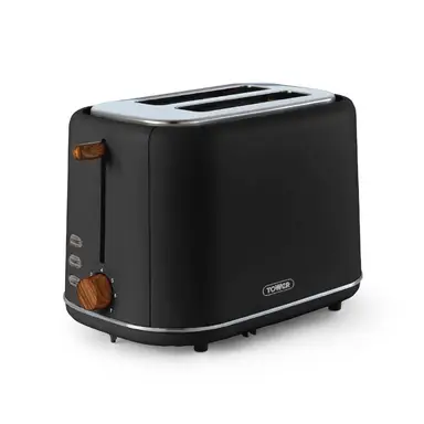 Tower Scandi 2 Slice Toaster, Adjustable Browning Control, Wide Slots, 800W, Black & Wood-Effect Accents - T20027BLK