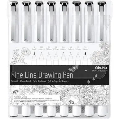 Ohuhu Fineliner Pen Set, 8-Pack with 7 Assorted Fine Liners & 1 Brush Pen, Waterproof & Quick-Dry Black Ink for Drawing, Sketching, Manga, and Art Illustration