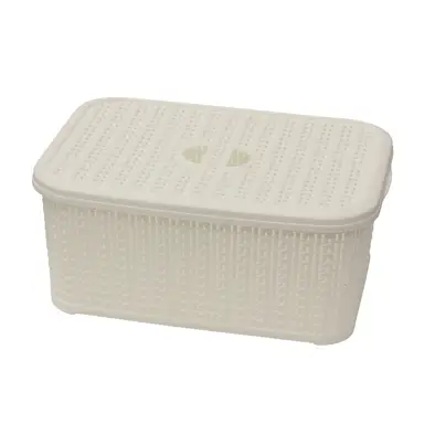 JVL Knit Design Loop Plastic Lidded Rectangular Storage Basket with Handles – Ivory