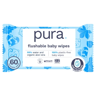 Pura Plastic Free Flushable Baby Wipes 60 Pack