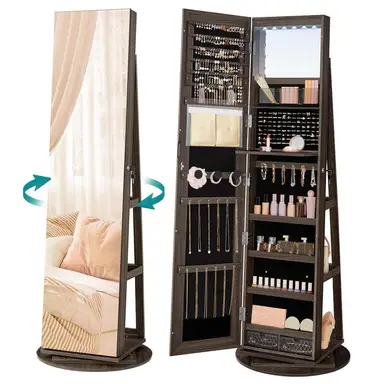 Songmics Mirror & Jewellry Storage Cabinet with Swivel & LED Lights Walnut