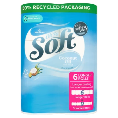 Morrisons Oh So Soft Coconut Oil Toilet Tissue, 3-Ply, 6 Longer Rolls