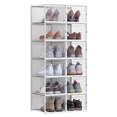 Plastic Shoe Box, Pack of 12, 35x25x18.5cm, Transparent and White