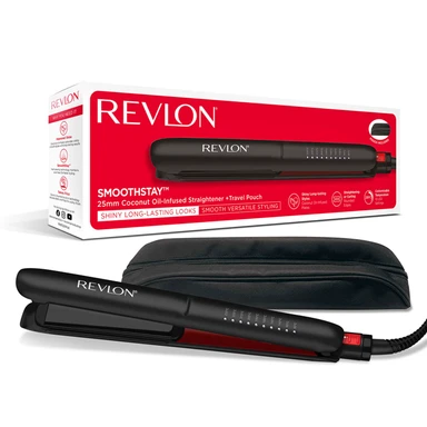Revlon SmoothStay Straightener with Coconut Oil Infused Technology, 25mm Triple-Coated Ceramic Plates, Adjustable Temperature up to 235°C, Portable Storage Case Included for Easy Transport, Model RVST2211PUK