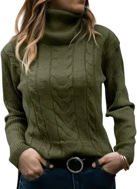Women Turtleneck Sweater Long Sleeve Soft Cable Knit Winter Pullover (militarygreen, M)