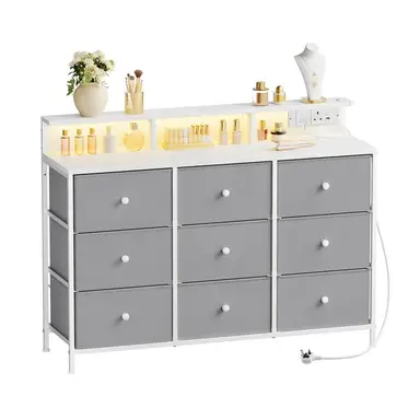 Wide Dresser Fabric 9 Drawers LED Lights and Charging Grey/White & Oak Effect