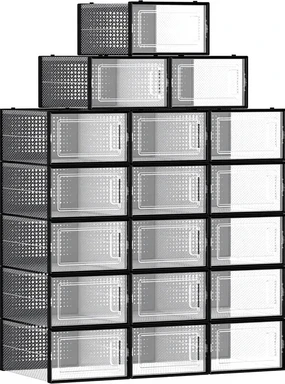 SONGMICS Schoenopbergdozen Schoenorganiser Plastic Dozen Opvouwbaar Stapelbaar - Set van 18 - Zwart