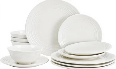 Richmount Twilight Serie Geschirrset - 12-teiliges Keramikset für 4 Personen - Enthält Essteller/Salatteller/Müslischalen - Spülmaschinen- und Mikrowellengeeignet - Weiß