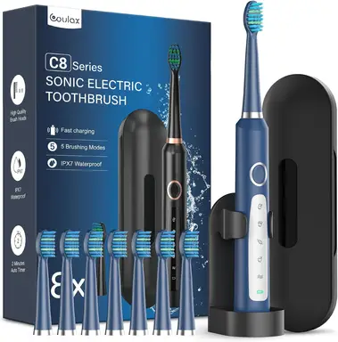 Coulax Hollow-Cup Sonic Electric Toothbrush - 40,000 VPM, 5 Modes, 120-Day Battery, 8 DuPont Brush Heads, Travel Case & Stand - Deep Blue