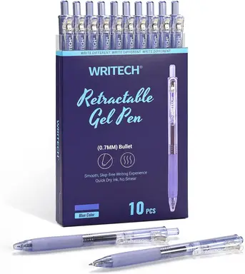 WRITECH Retractable Gel Ink Pens: 0.7mm Medium Point Blue-Ink Color Pen for Journaling Smooth Writing Fine Tip Quick-dry Ink No Bleed Set 10ct