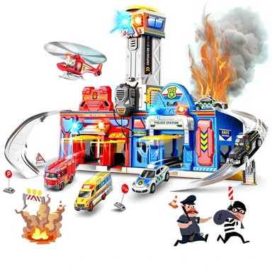 TERRAMUS Kinderspielset für Jungen von 3-6 Jahren, City Action Rettungsfahrzeug, 29,5‑Zoll, mit Licht- und Soundeffekten, Polizeistation & Feuerwache, transformierbare Strecke, mit 4 Fahrzeugen und Hubschrauber, Geschenk für Jungen & Mädchen - Weihnachtsgeschenk