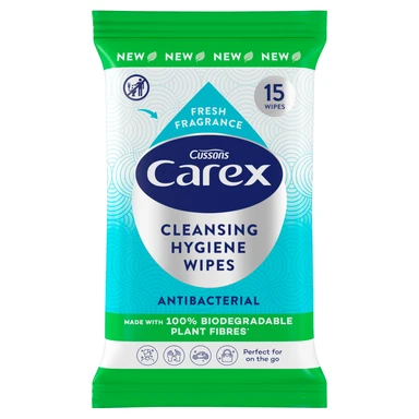 Carex Cleansing Hygiene Wipes Antibacterial Biodegradable Fibre 15Wipes