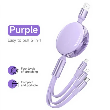 HOCO 3-in-1 Retractable Charging Cable - USB-A to Lightning/ USB-C/ Micro-USB - 1M - Purple