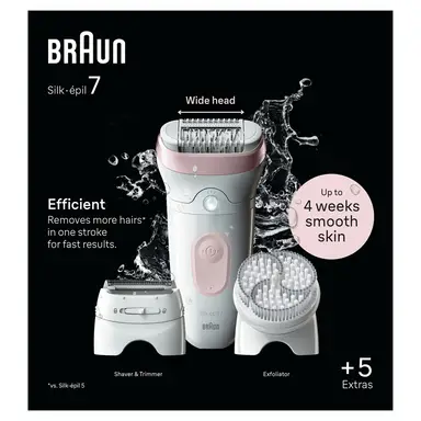 Braun Silk-épil 7, SE7-060, Epilator For Easy Hair Removal, Lasting Smooth Skin,40 minutes of runtime, White/Flamingo
