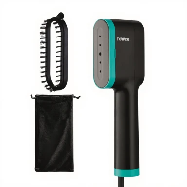 Tower T22038TL Ceraglide Handheld Garment Steamer with Ceramic Soleplate, Brush Attachment, Vertical Steaming, 1400W, Black & Teal