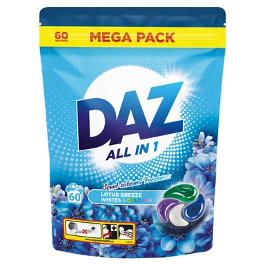 Daz All in 1 PODS, Washing Liquid Laundry Detergent, Whites & Colours, Lotus Breeze, 60 Washes