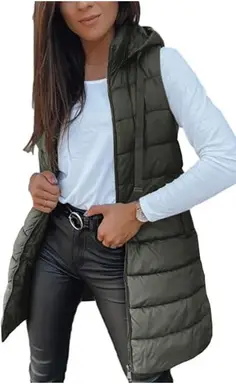 Women Long Vest Solid Color Sleeveless Hood Winter Puffer Vest Outwear (ArmyGreen, M)