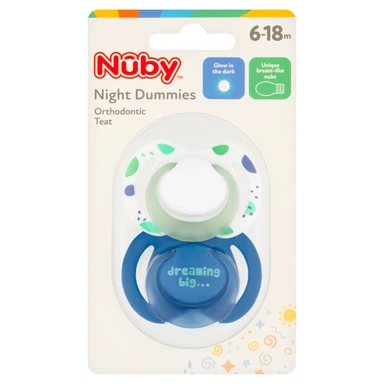 Nuby Night Dummies Orthodontic Teat 6-18 Months 2 Pack White/Blue
