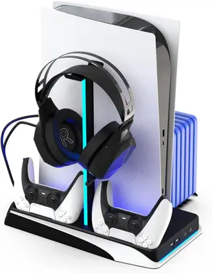 IMP Gaming DLX Twin Charging Tower – With Cooling Fan & Game Storage – Black/White (PS5)